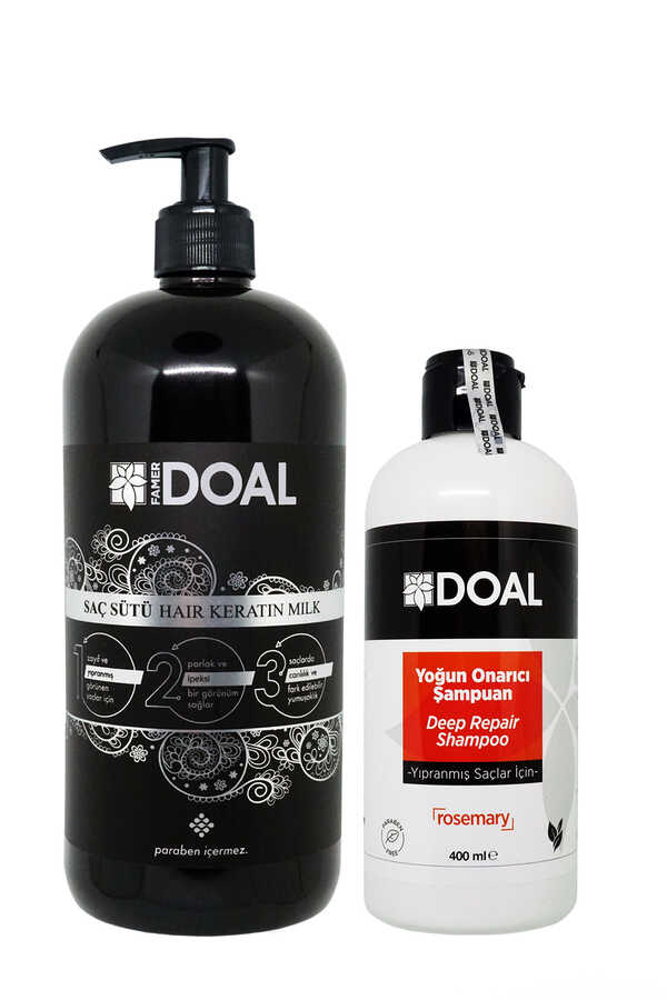 Doal Keratin Bakım Sütü Siyah 1000 ml + Yıpranmış Saçlar İçin Yoğun Onarıcı Şampuan 400 ml
